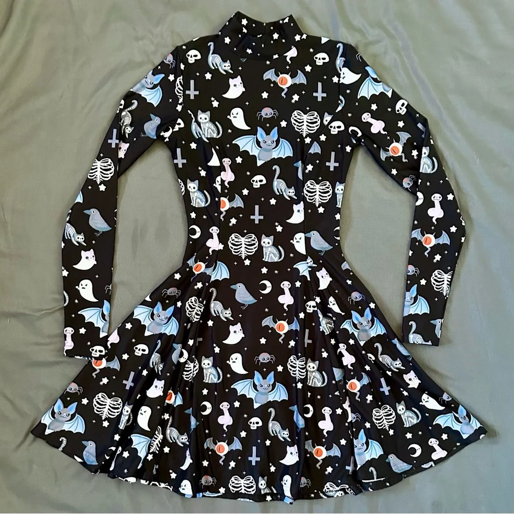 Black Milk Hauntingly Cute Evil Mini Long Sleeve Skater Dress XS BMC Halloween - Picture 4 of 7